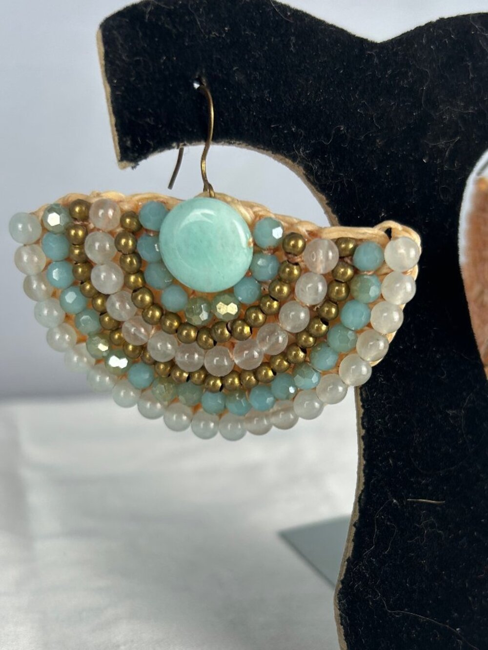 Beaded Gemstone Earrings Fan Shaped Blue Beads Drop Dangle Vintage Earrings Amaz